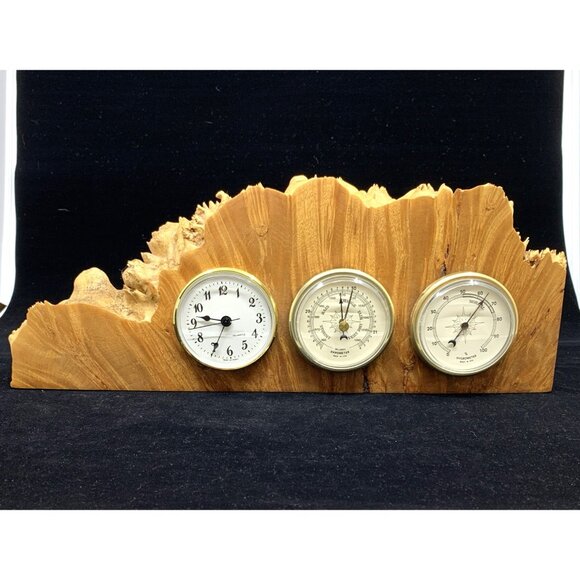 Charles Elkan Other - Signed Charles Elkan Live Edge Burl Wood Desk Weather Station Clock Barometer